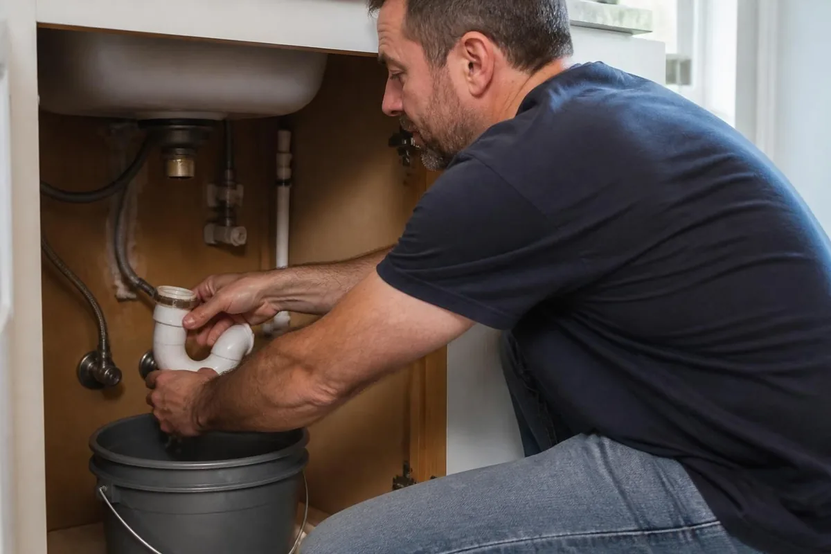 Plumber removing a sink P-trap into a bucket, drain cleaning in Winston-Salem, NC