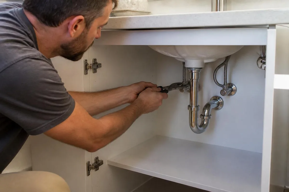 Plumber tightening supply lines under a bathroom sink, faucet repair in Winston-Salem, NC