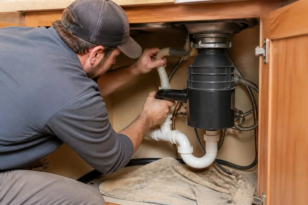 Plumber connecting a dishwasher drain hose to a garbage disposal, garbage disposals in Winston-Salem, NC