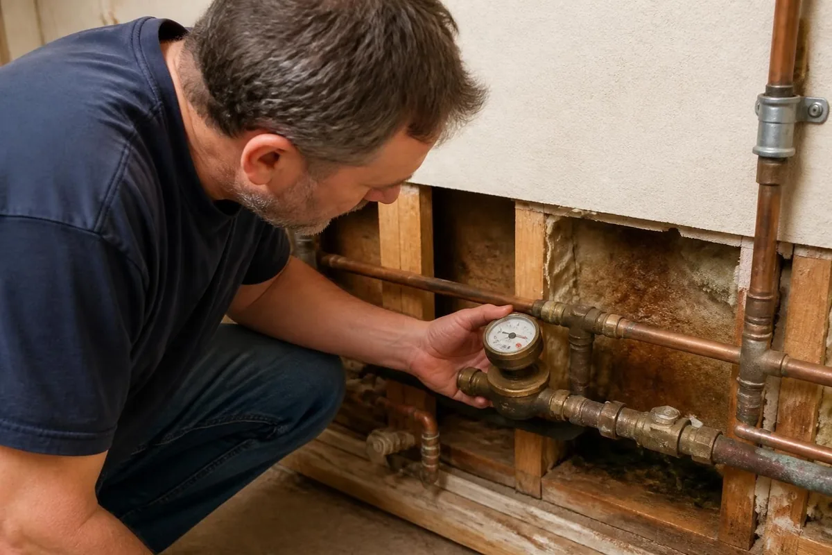 Plumber checking a water meter dial for a slow leak, leak detection in Winston-Salem, NC