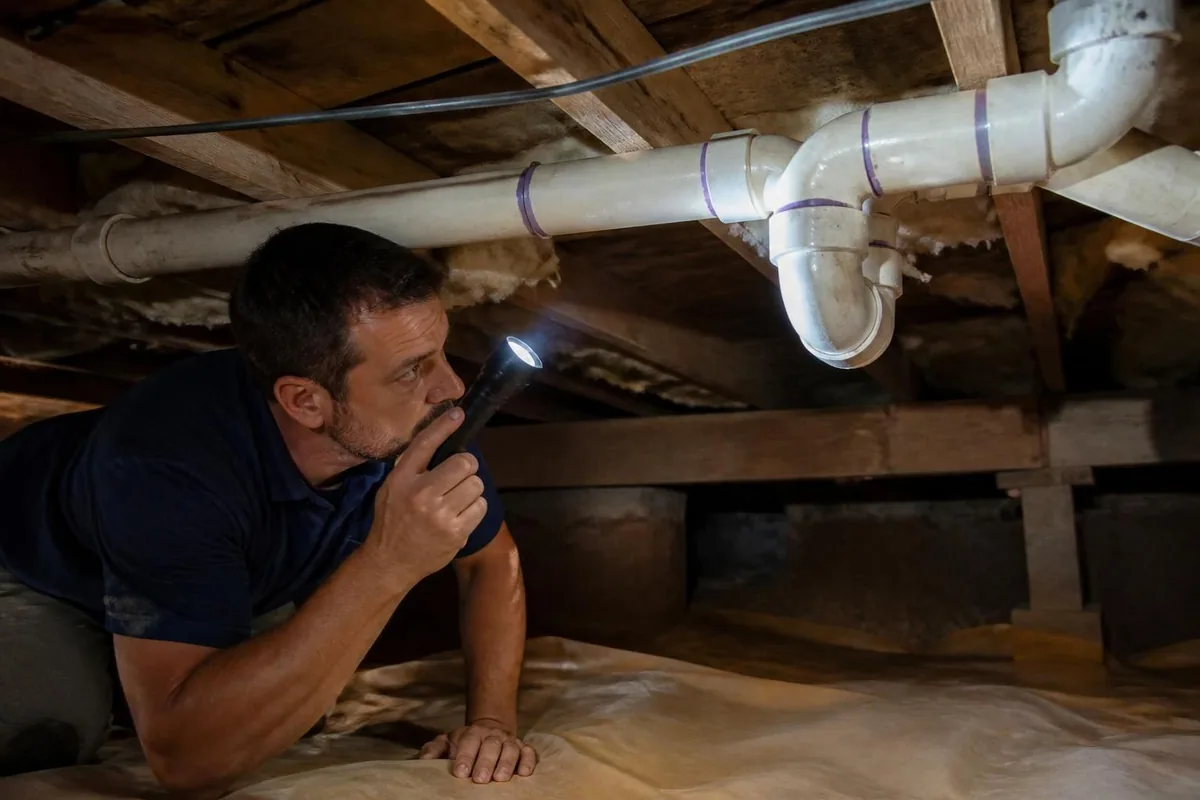 Plumber inspecting the plumbing in a crawl space with a flashlight, plumbing inspection in Winston-Salem, NC