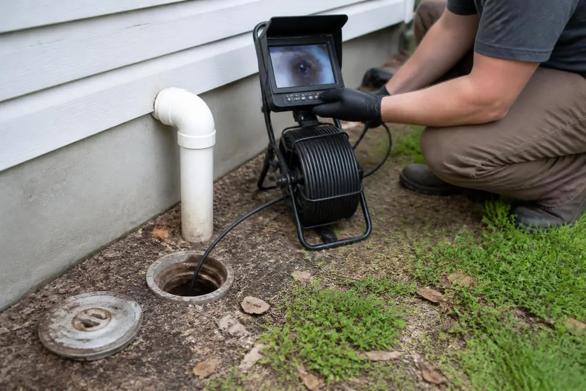 Sewer camera reel and monitor set up beside a residential cleanout, sewer camera inspection in Winston-Salem, NC