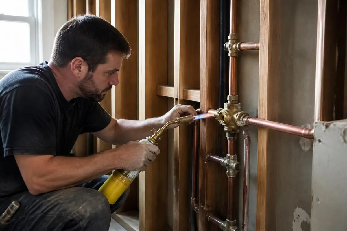 Plumber soldering a new mixing valve in an open shower wall, shower valve repair in Winston-Salem, NC