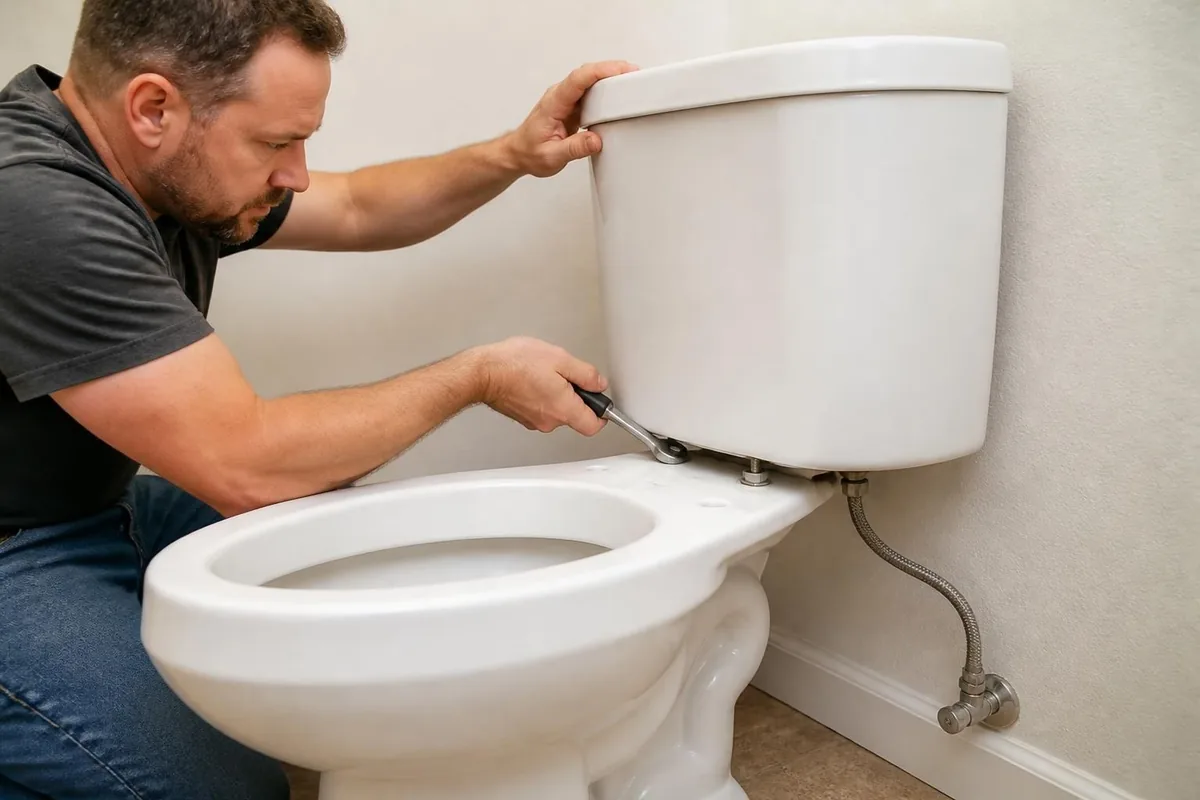 Plumber tightening toilet tank bolts with a wrench, toilet repair in Winston-Salem, NC