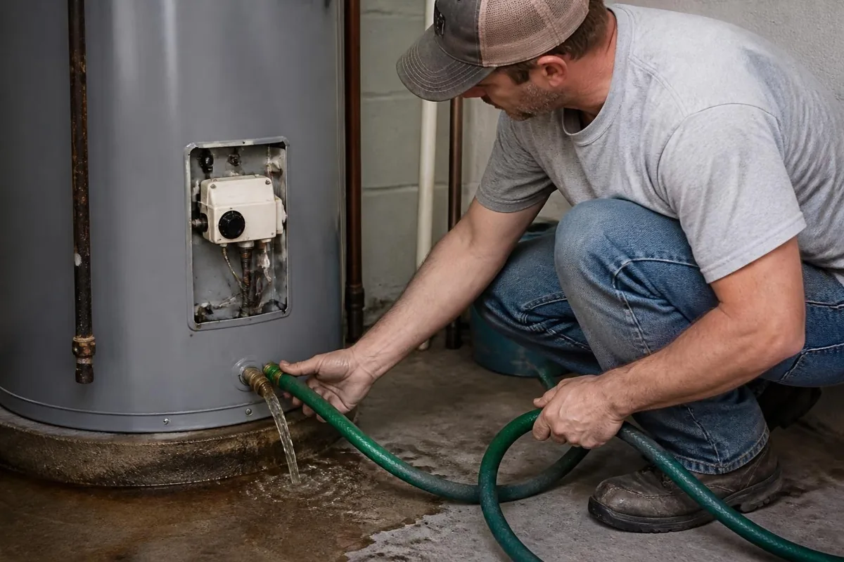 Plumber draining sediment from a tank water heater with a garden hose, water heater repair in Winston-Salem, NC