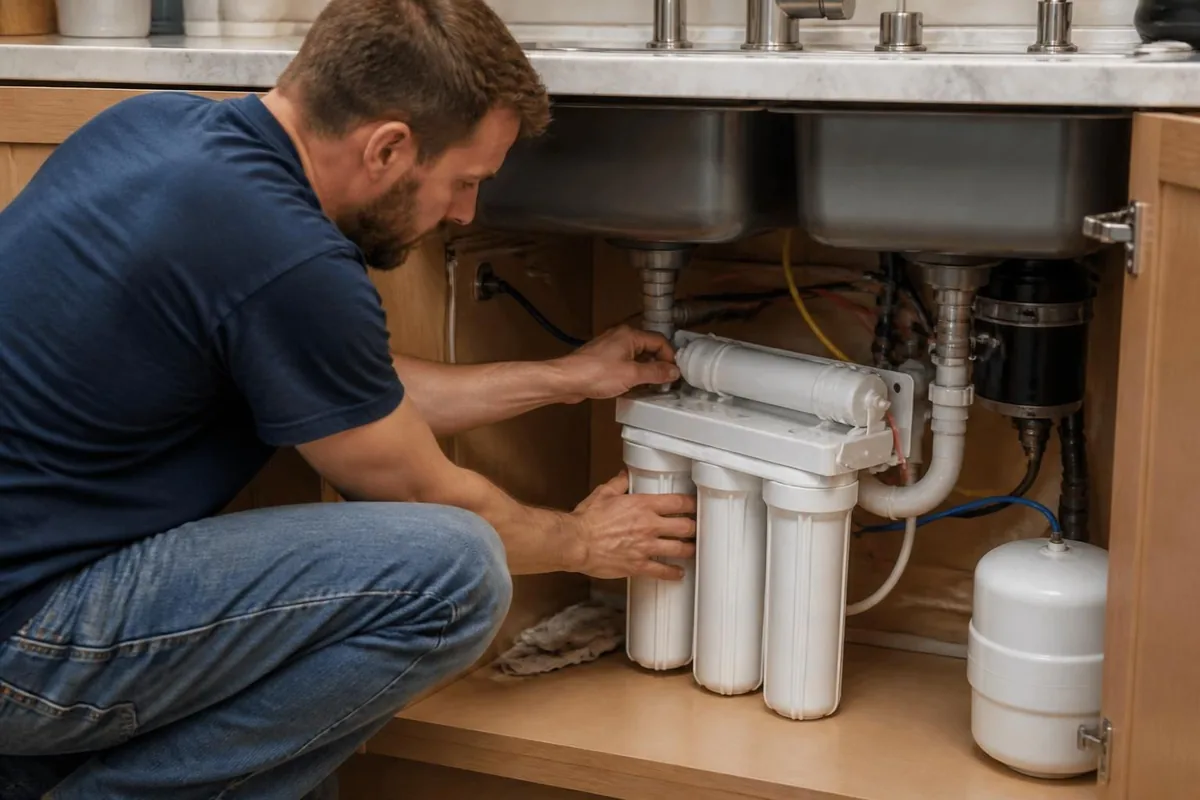 Plumber installing an under-sink reverse osmosis filtration system, water softeners & filtration in Winston-Salem, NC